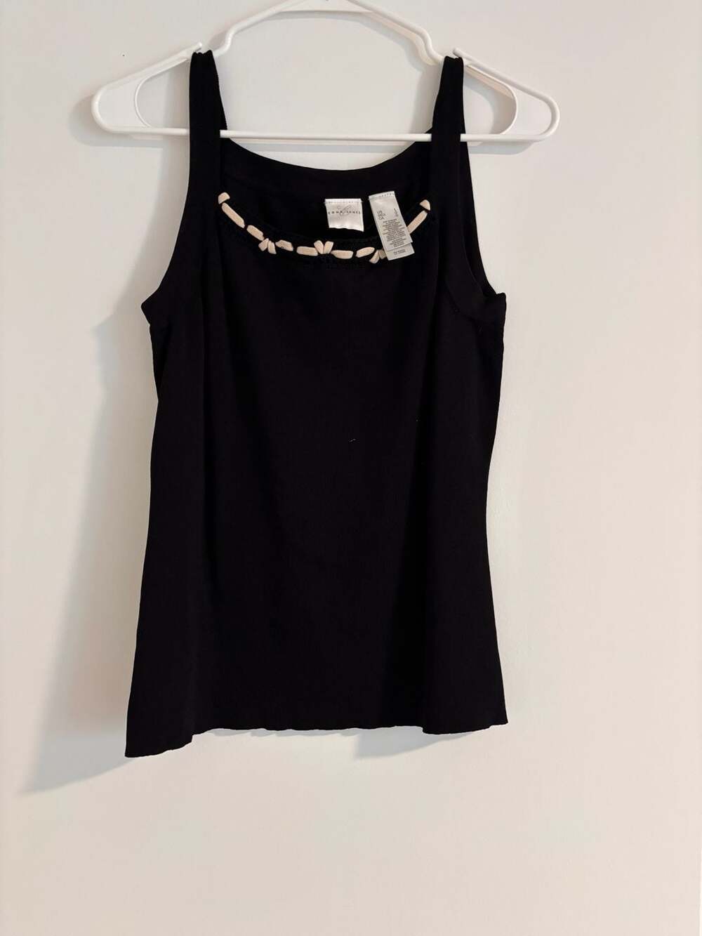 Emma James Black Sleeveless Tank Top with Decorative Crocheted Neckline
